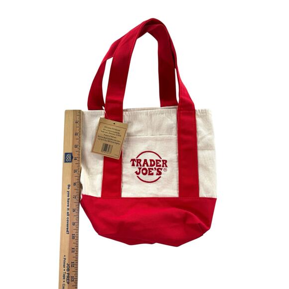 Trader Joe's Mini Canvas Tote Bag Cream Red Pockets NWT Reusable Grocery Bag - Picture 4 of 7